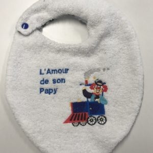 bavoir pour garcon avec un train et un clown et avec l'inscription pour l'amour de son papy