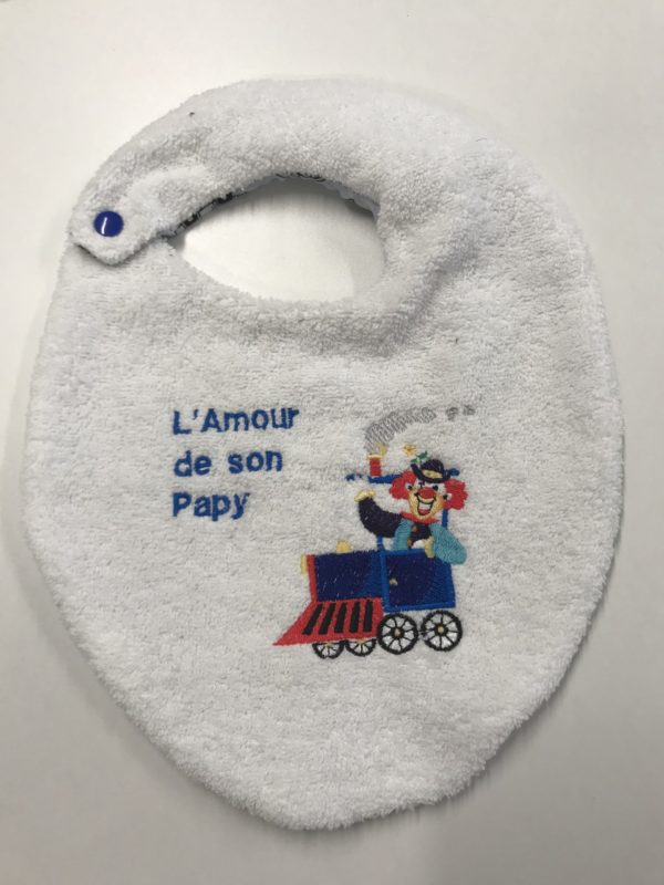 bavoir pour garcon avec un train et un clown et avec l'inscription pour l'amour de son papy